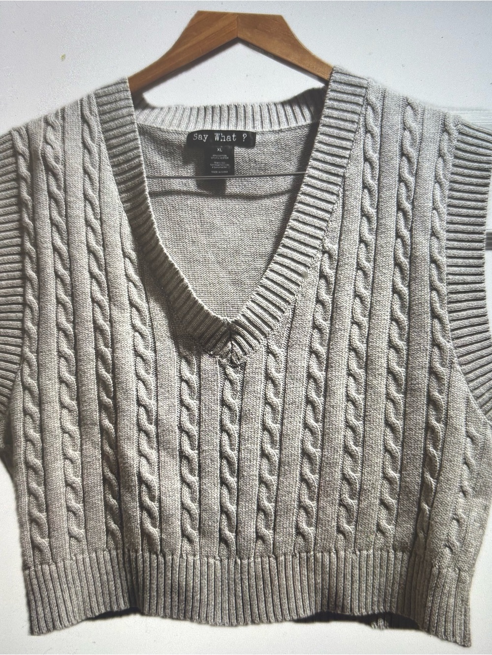 Say What? Men’s Cable Knit V-Neck Sweater Vest - Light Gray